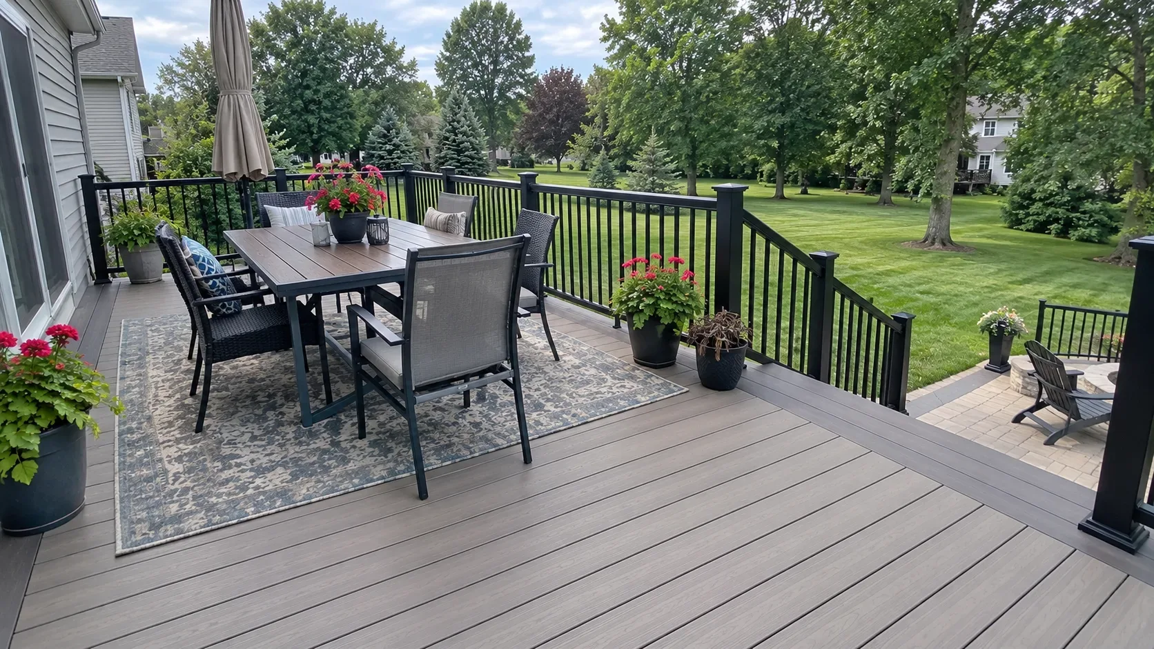 A composite deck against the house at golden hour, black aluminium railings and a short flight of steps down to the lawn